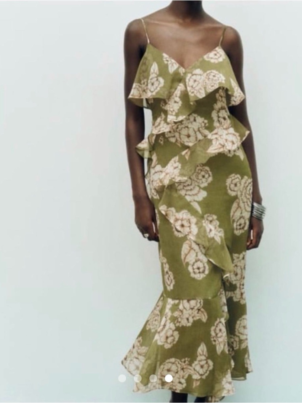Zara Olive Green Floral Ruffle Dress